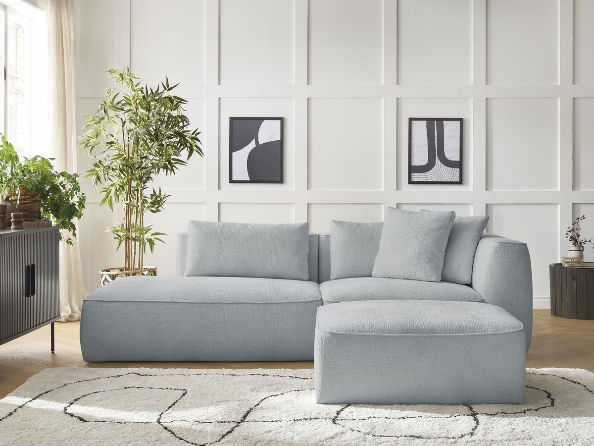 Canapé droit fixe 3 places LEOPOLD tissu texturé avec pouf gris clair accoudoir droit BOBOCHIC - Vue supplémentaire 3