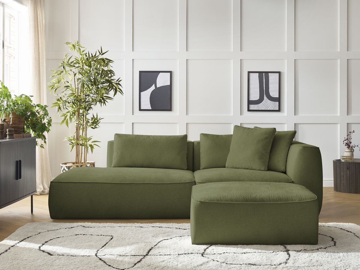 Canapé droit fixe 3 places LEOPOLD tissu texturé avec pouf vert foncé accoudoir droit BOBOCHIC - Vue supplémentaire 3