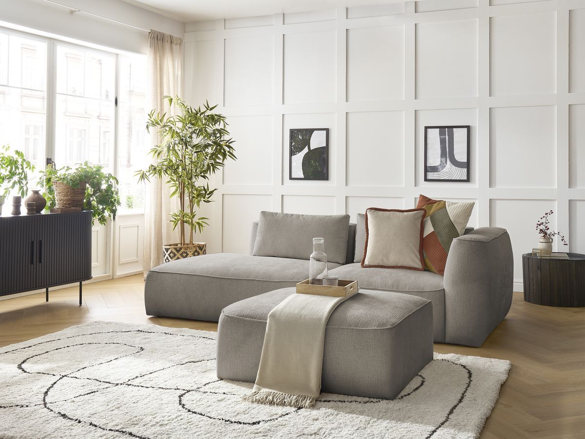 Canapé droit fixe 3 places LEOPOLD tissu texturé avec pouf