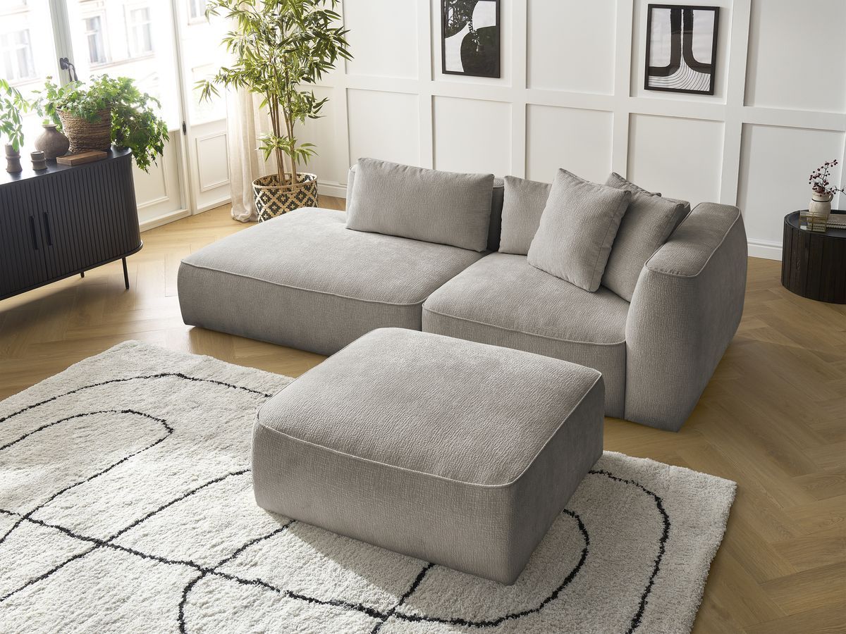 Canapé droit fixe 3 places LEOPOLD tissu texturé avec pouf