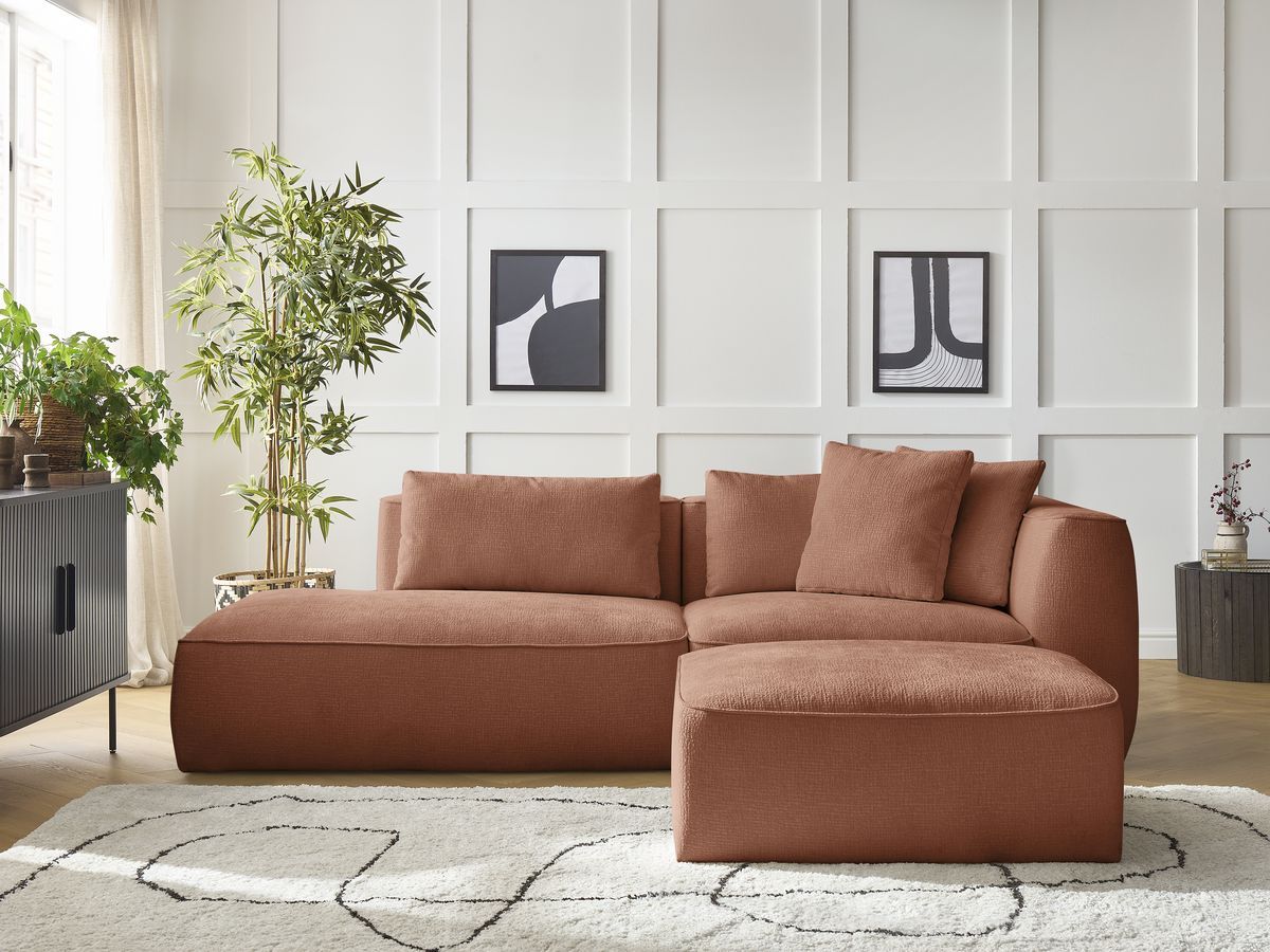 Canapé droit fixe 3 places LEOPOLD tissu texturé avec pouf orange accoudoir droit BOBOCHIC - Vue supplémentaire 3