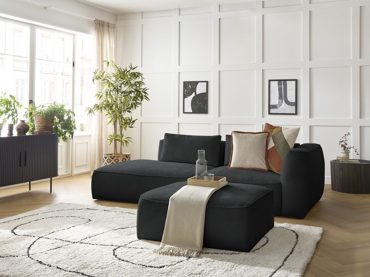 Canapé droit fixe 3 places LEOPOLD tissu texturé avec pouf