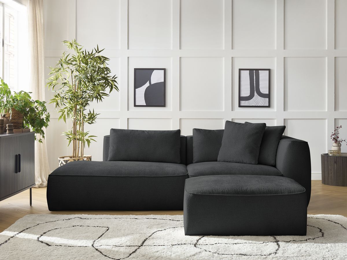 Canapé droit fixe 3 places LEOPOLD tissu texturé avec pouf