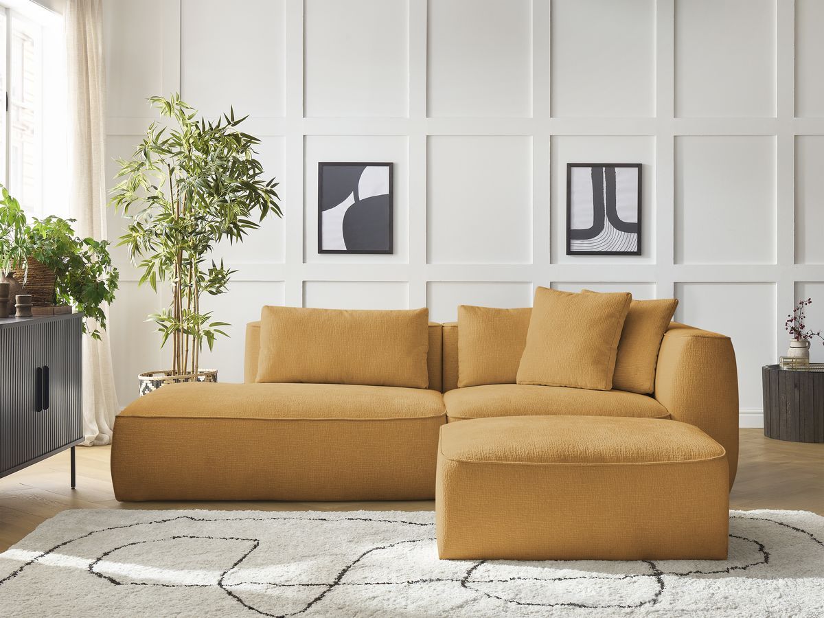 Canapé droit fixe 3 places LEOPOLD tissu texturé avec pouf jaune accoudoir droit BOBOCHIC - Vue supplémentaire 3