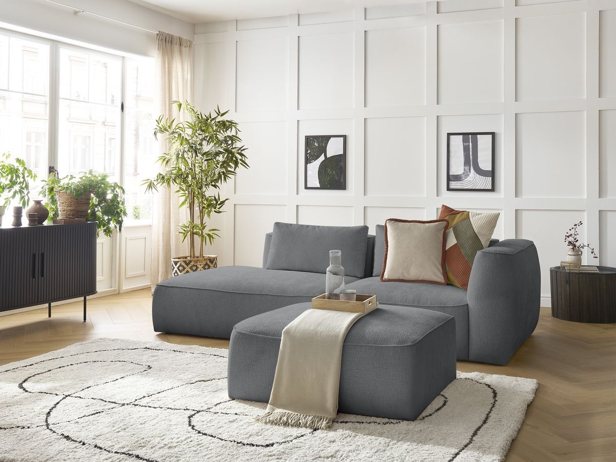 Canapé droit fixe 3 places LEOPOLD tissu texturé avec pouf