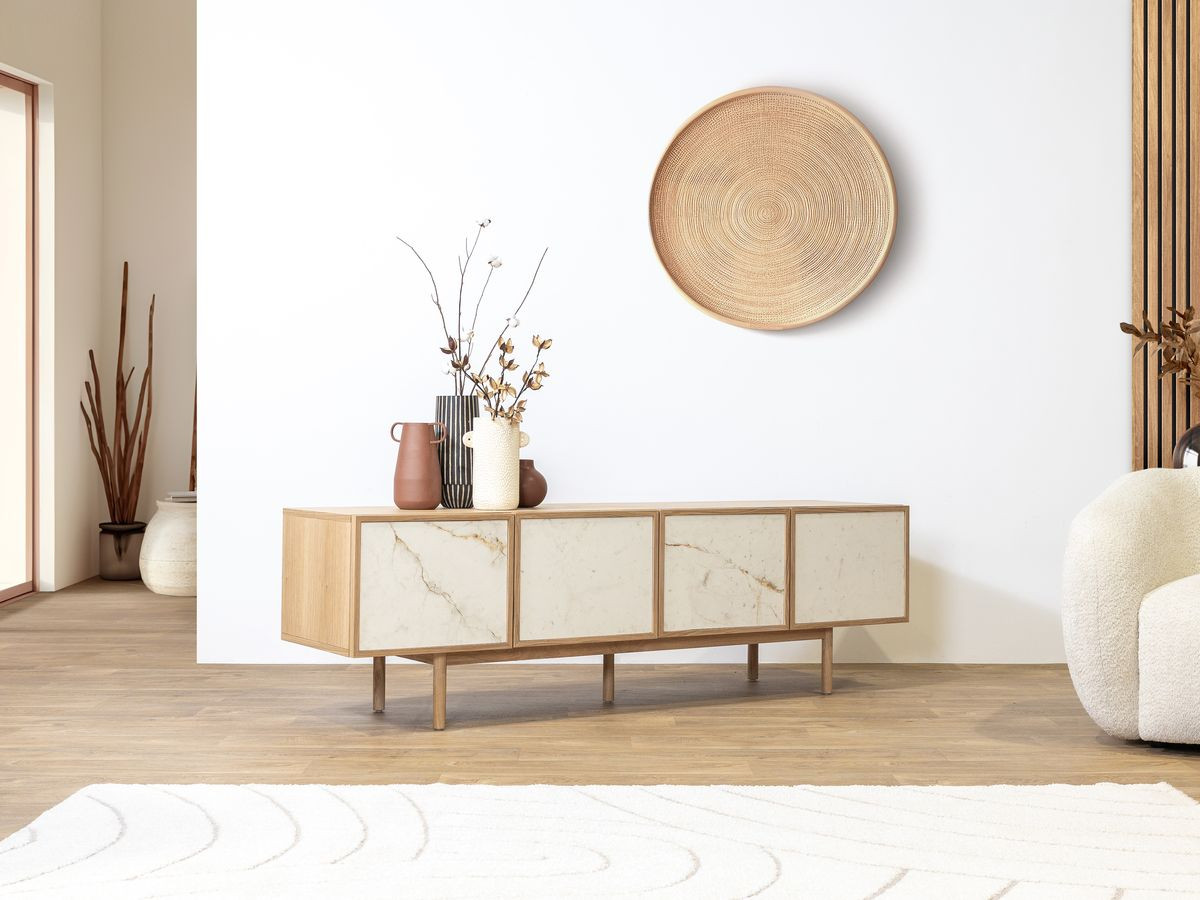 BARI 4-deurs tv-meubel 180 cm massief eiken fineer en keramiek