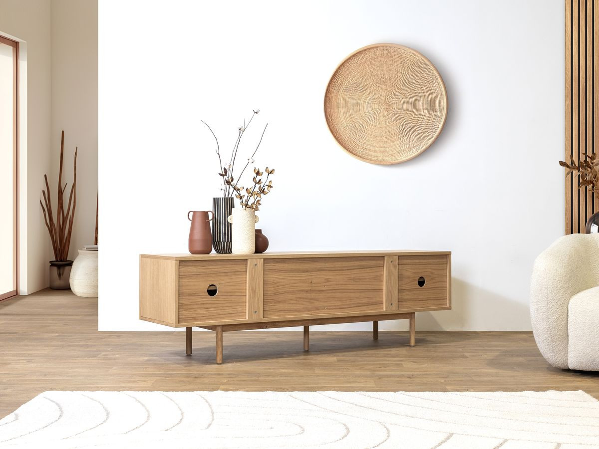 BARI 4-deurs tv-meubel 180 cm massief eiken fineer en keramiek