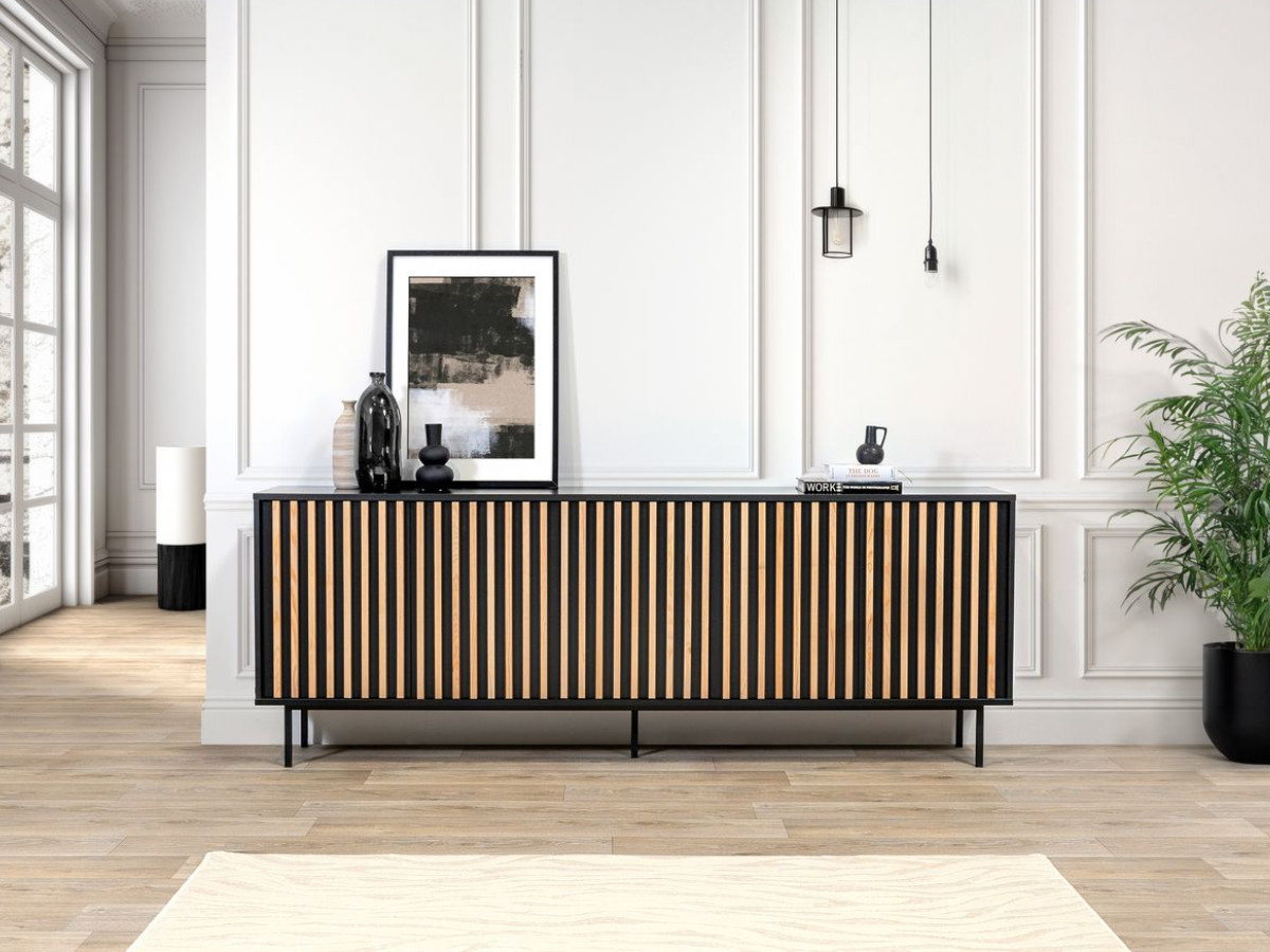 Ensemble CORNEILLE avec buffet 220 cm + meuble TV 220 cm + buffet haut 100 cm tasseaux pin massif
