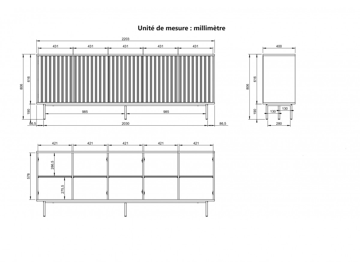 Ensemble CORNEILLE avec buffet 220 cm + meuble TV 220 cm + buffet haut 100 cm tasseaux pin massif