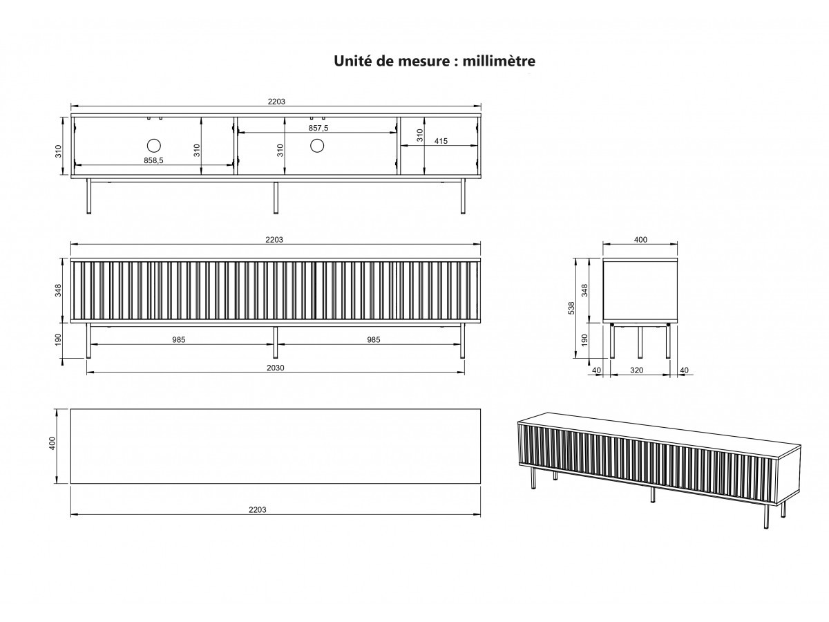 Ensemble CORNEILLE avec buffet 220 cm + meuble TV 220 cm + buffet haut 100 cm tasseaux pin massif