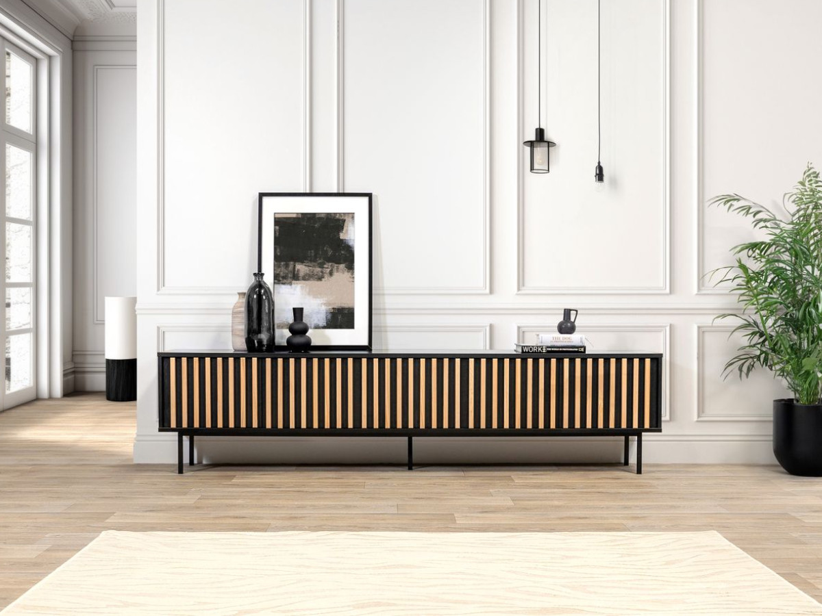 Ensemble CORNEILLE avec buffet 220 cm + meuble TV 220 cm + buffet haut 100 cm tasseaux pin massif