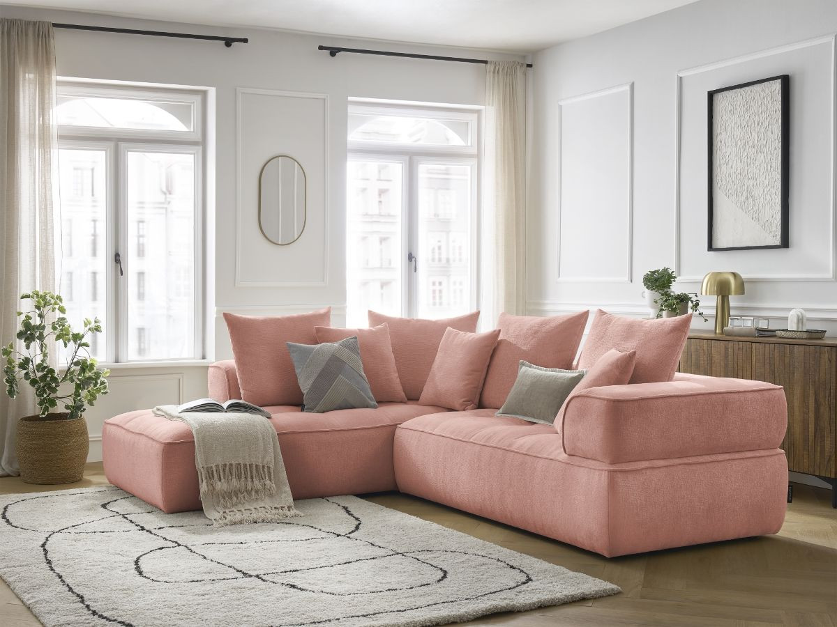 Canapé d'angle L fixe WHESLEY rose  angle gauche BOBOCHIC 4 places