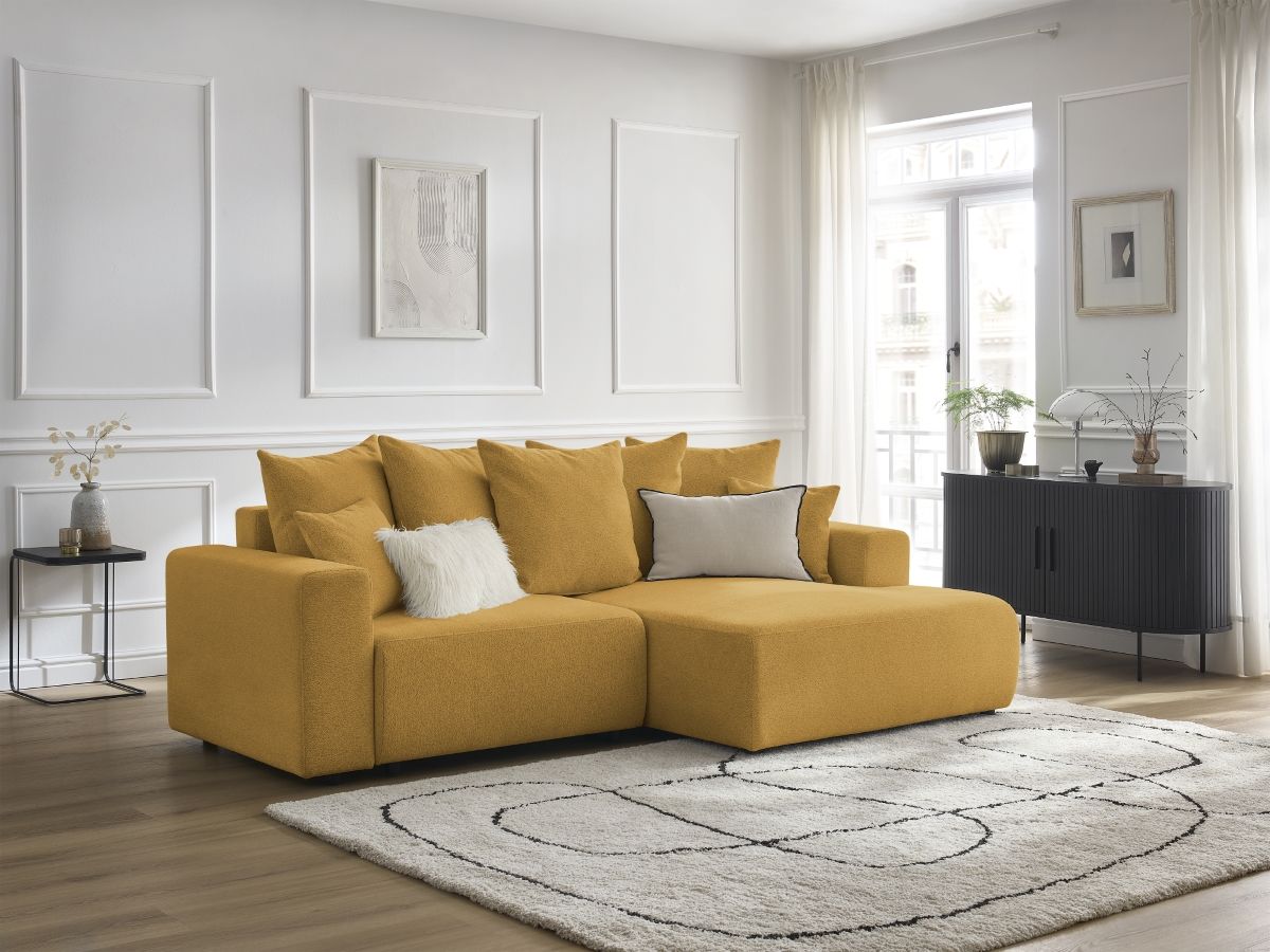 Canapé d'angle fixe EVEREST tissu chiné - Orange - Angle droit - 10 coussins