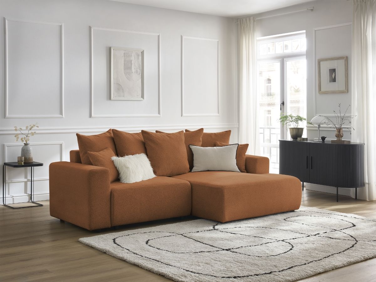 Canapé d'angle fixe EVEREST tissu chiné - Orange - Angle droit - 10 coussins