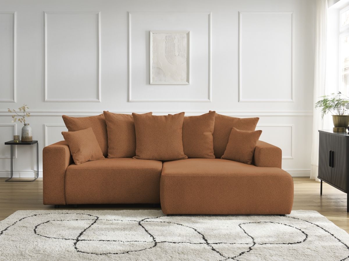 Canapé d'angle fixe EVEREST tissu chiné - Orange - Angle droit - 10 coussins