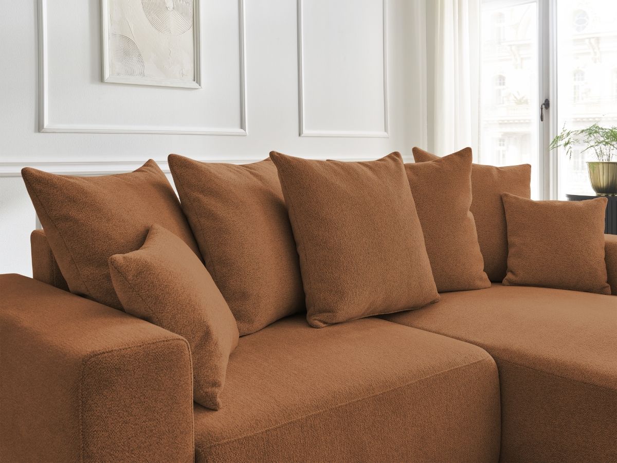 Canapé d'angle fixe EVEREST tissu chiné - Orange - Angle droit - 10 coussins