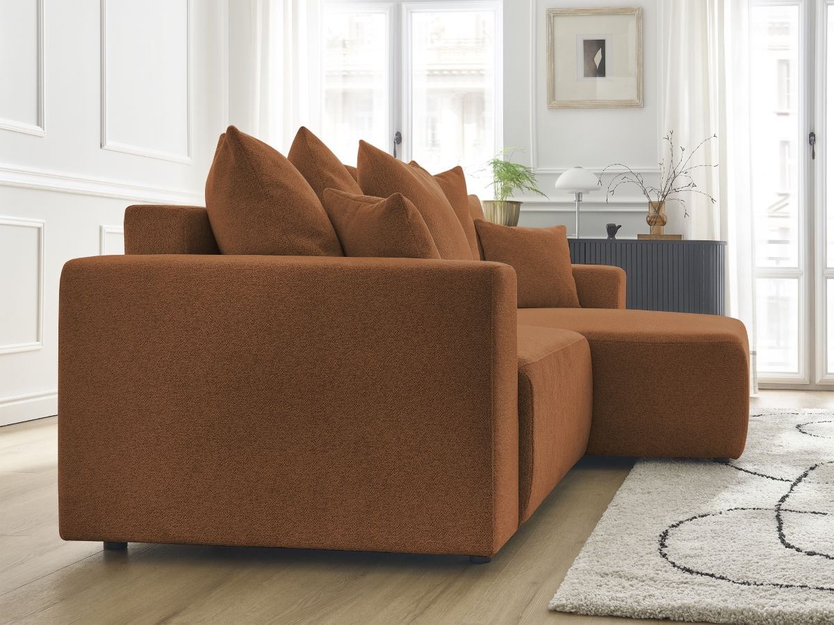 Canapé d'angle fixe EVEREST tissu chiné - Orange - Angle droit - 10 coussins