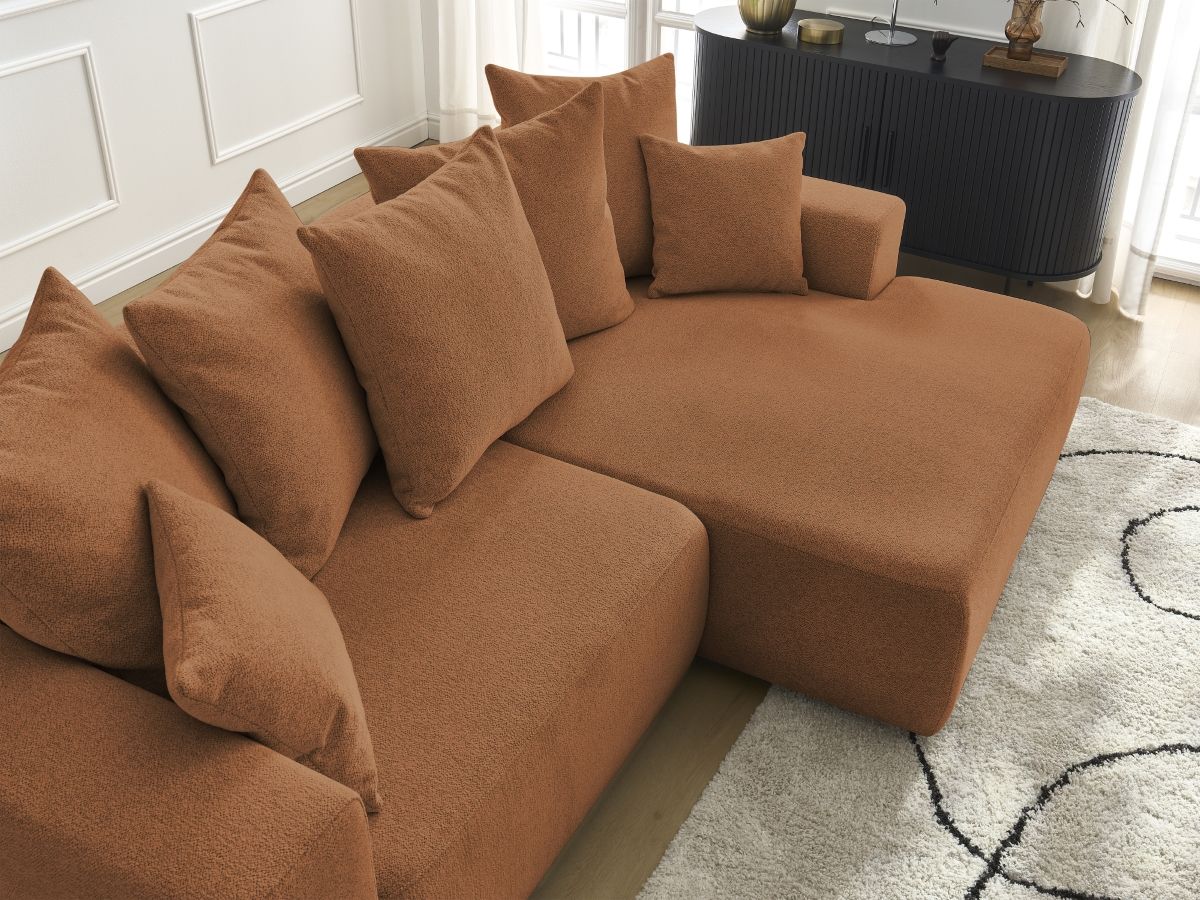 Canapé d'angle fixe EVEREST tissu chiné - Orange - Angle droit - 10 coussins