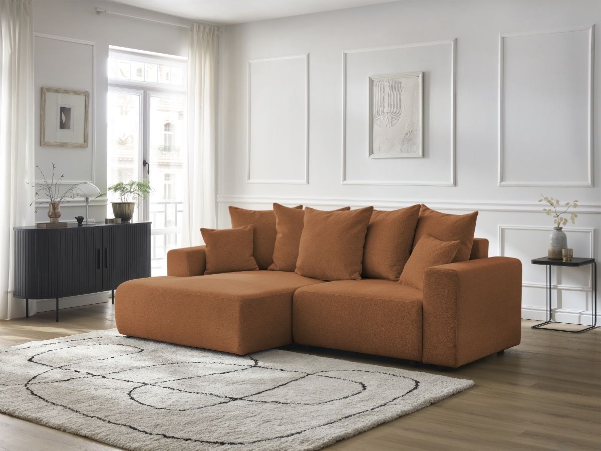 Canapé d'angle convertible coffre ATILLA tissu chiné orange angle gauche BOBOCHIC 4 places - Vue supplémentaire 3