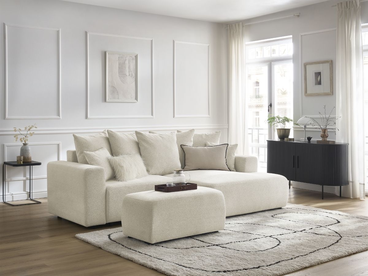 Canapé d'angle convertible coffre ATILLA tissu chiné avec pouf