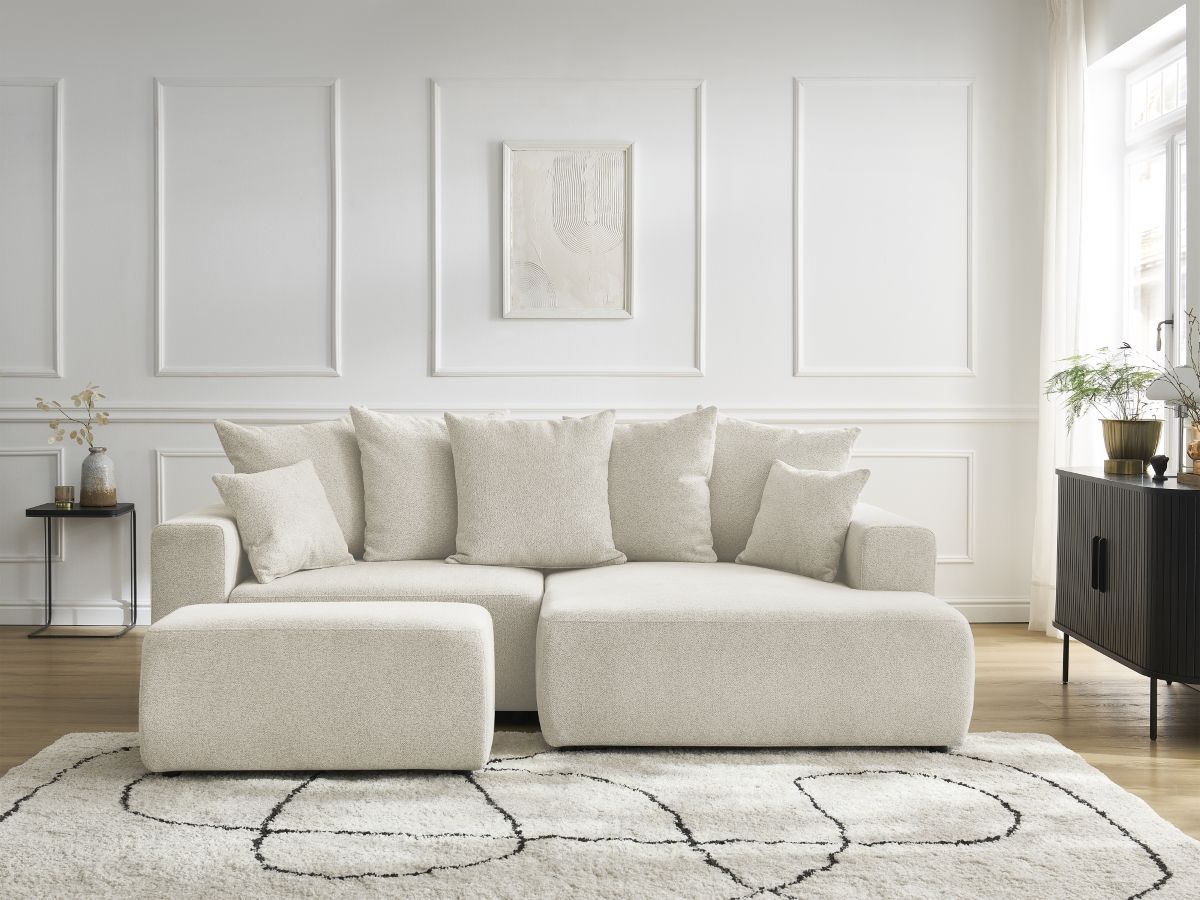 Canapé d'angle convertible coffre ATILLA tissu chiné avec pouf