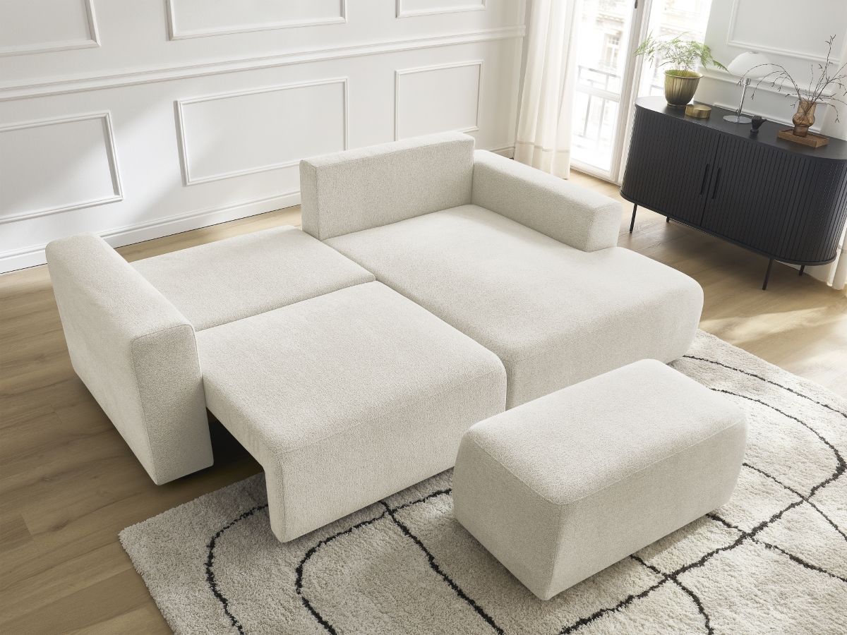 Canapé d'angle convertible coffre ATILLA tissu chiné avec pouf