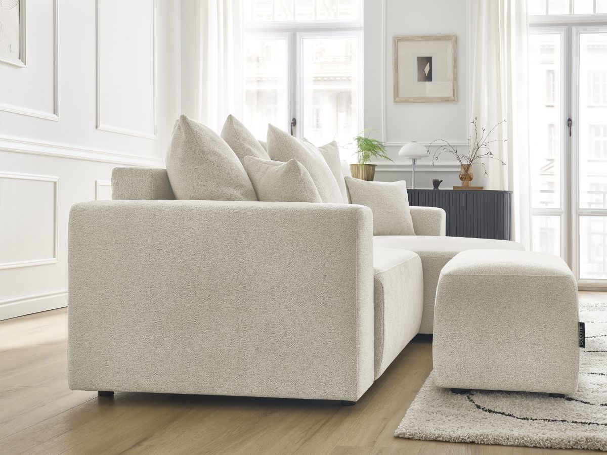 Canapé d'angle convertible coffre ATILLA tissu chiné avec pouf