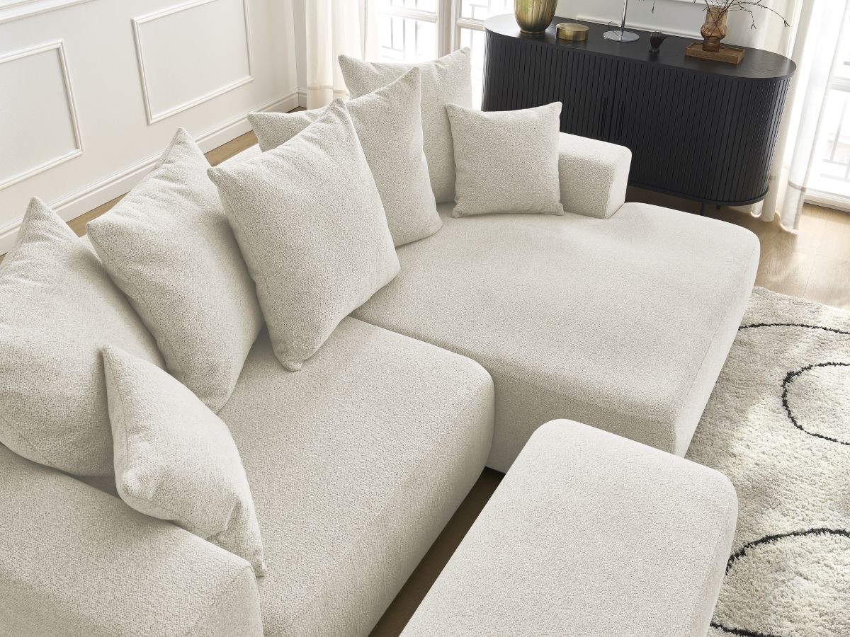 Canapé d'angle convertible coffre ATILLA tissu chiné avec pouf