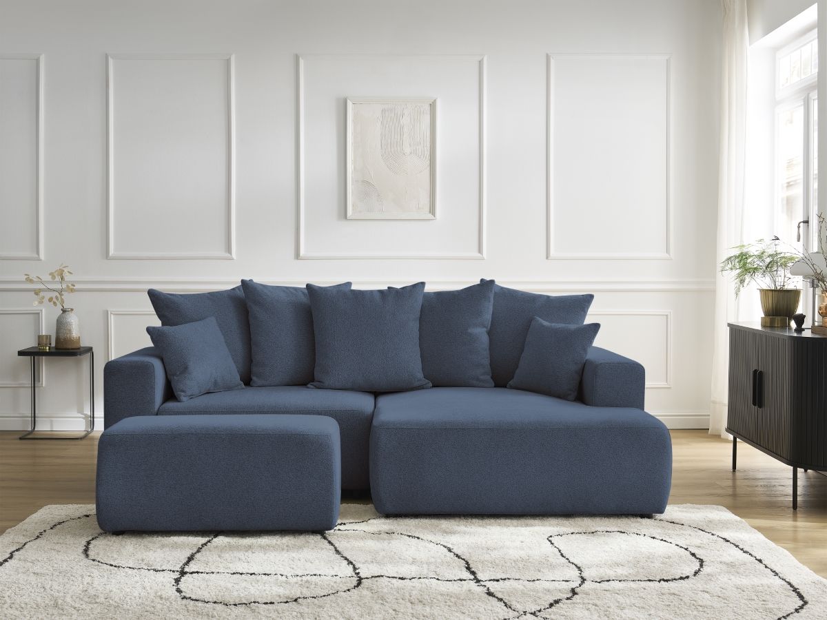 Canapé d'angle convertible coffre ATILLA tissu chiné avec pouf