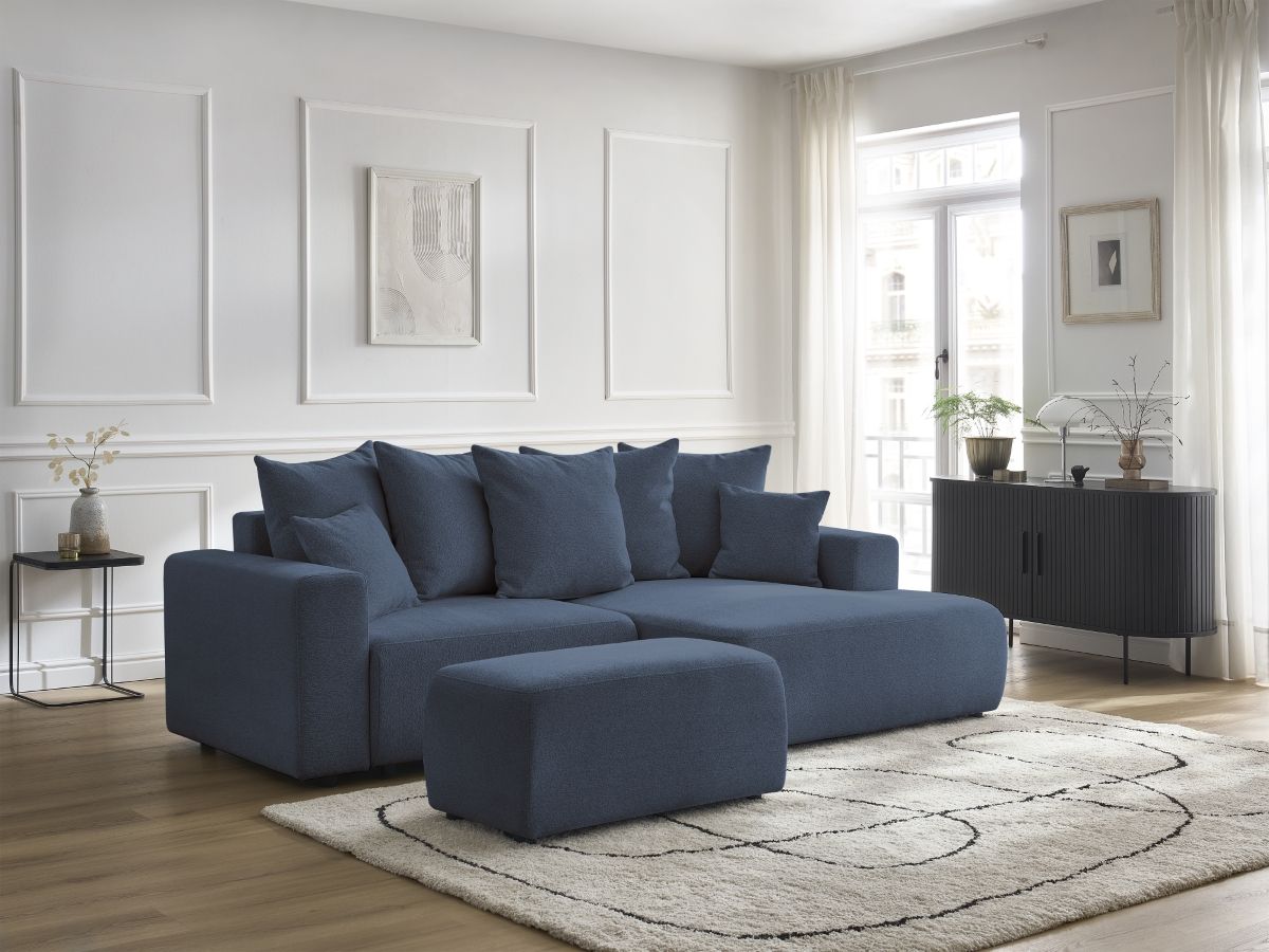 Canapé d'angle convertible coffre ATILLA chiné avec pouf bleu — vue 5
