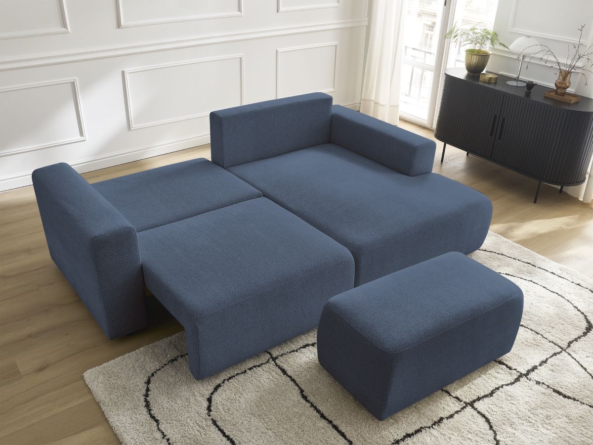 Canapé d'angle convertible coffre ATILLA tissu chiné avec pouf