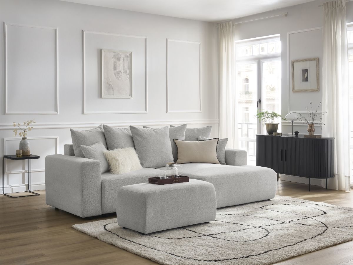 Canapé d'angle convertible coffre ATILLA tissu chiné avec pouf