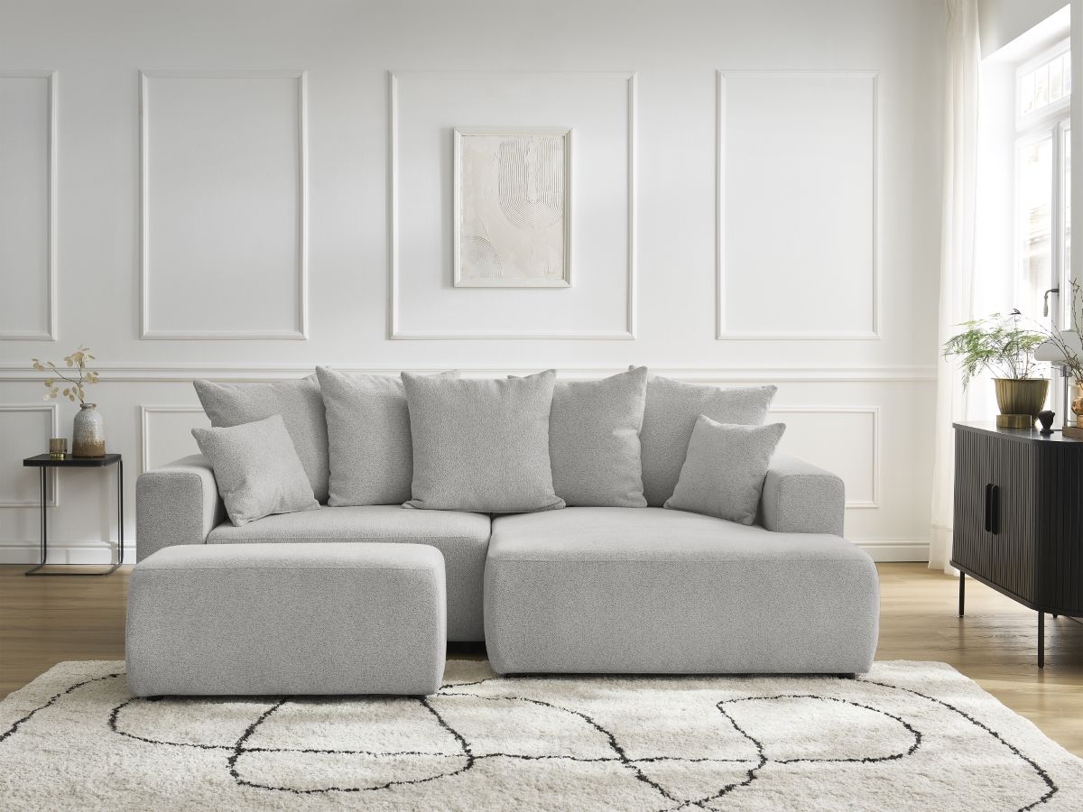 Canapé d'angle convertible coffre ATILLA tissu chiné avec pouf