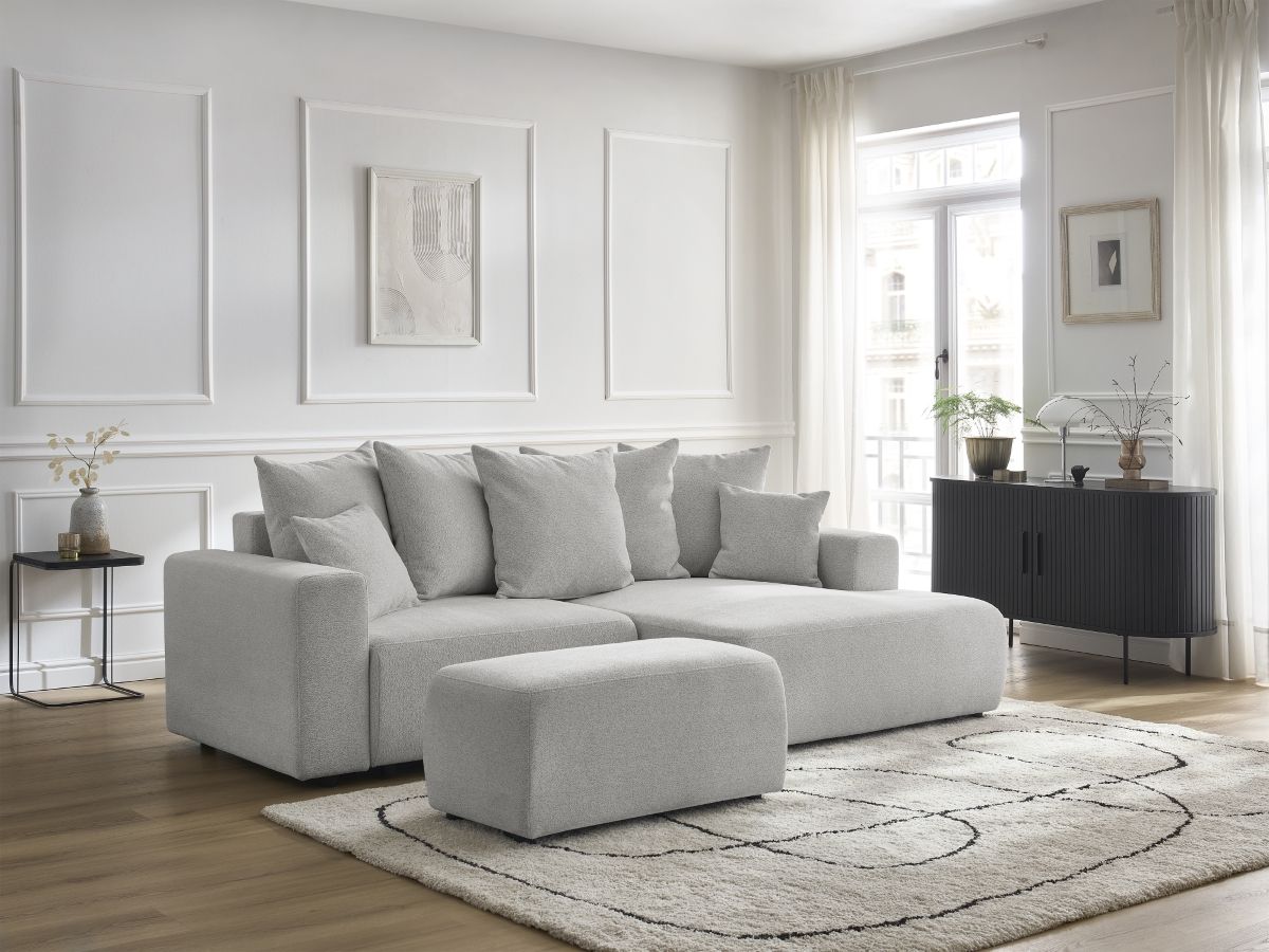 Canapé d'angle convertible coffre ATILLA chiné avec pouf gris clair — vue 5