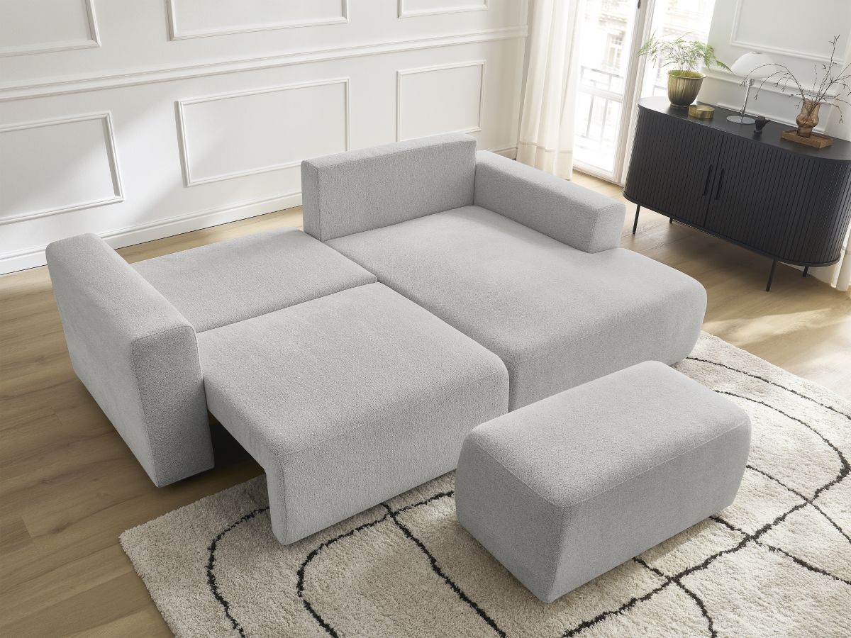 Canapé d'angle convertible coffre ATILLA tissu chiné avec pouf