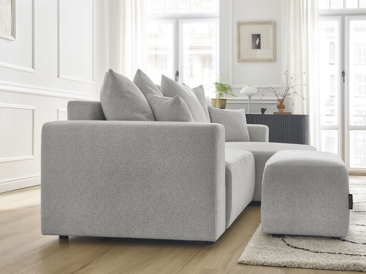 Canapé d'angle convertible coffre ATILLA tissu chiné avec pouf