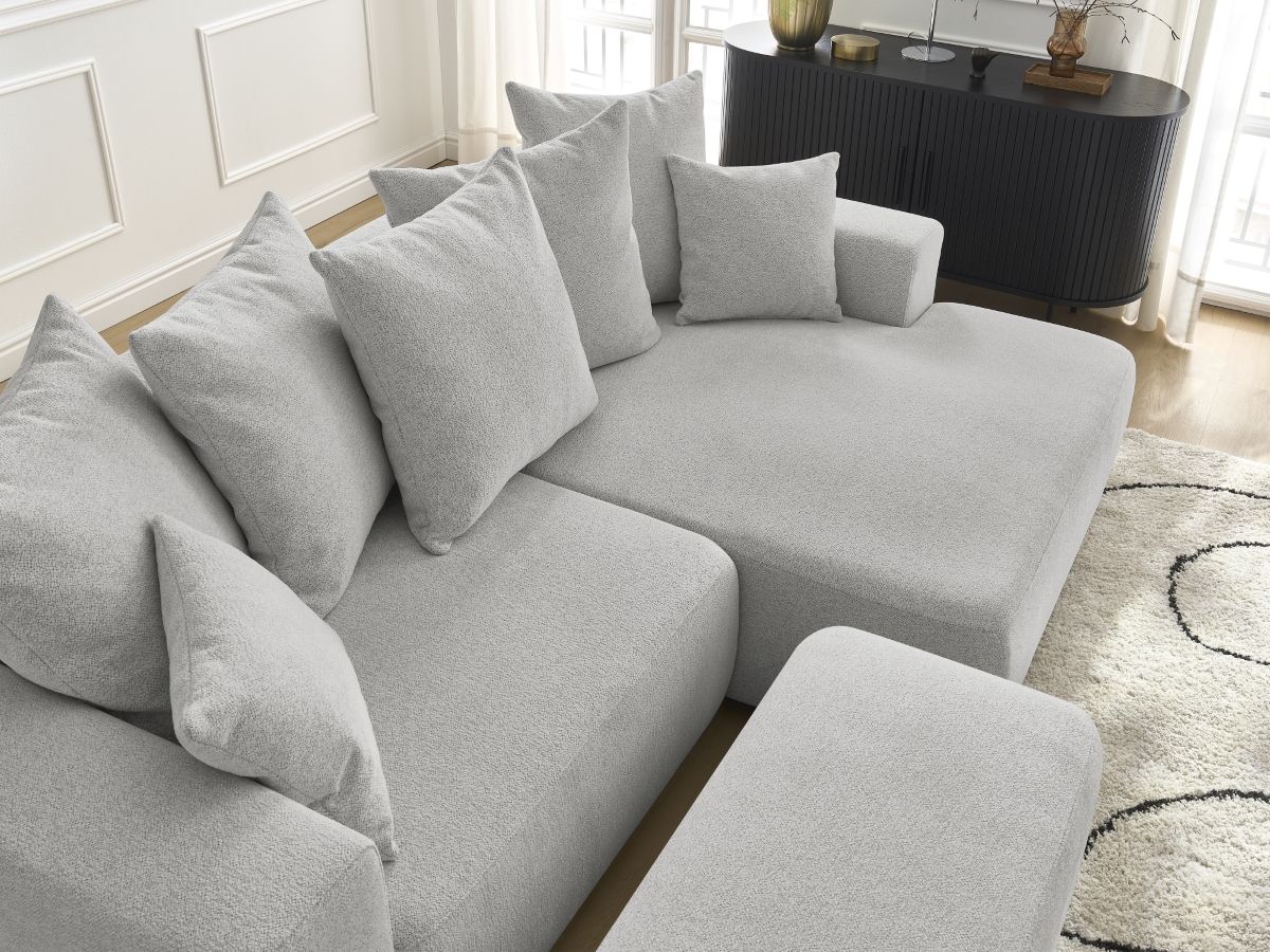 Canapé d'angle convertible coffre ATILLA tissu chiné avec pouf