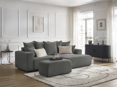 Canapé d'angle convertible coffre ATILLA tissu chiné avec pouf