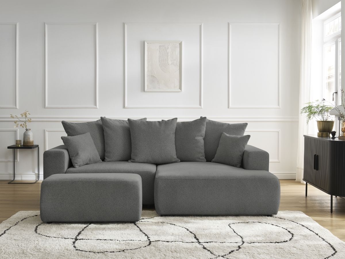 Canapé d'angle convertible coffre ATILLA tissu chiné avec pouf