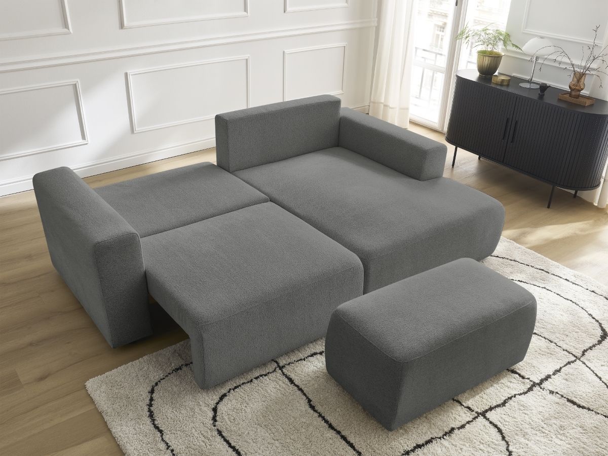 Canapé d'angle convertible coffre ATILLA tissu chiné avec pouf