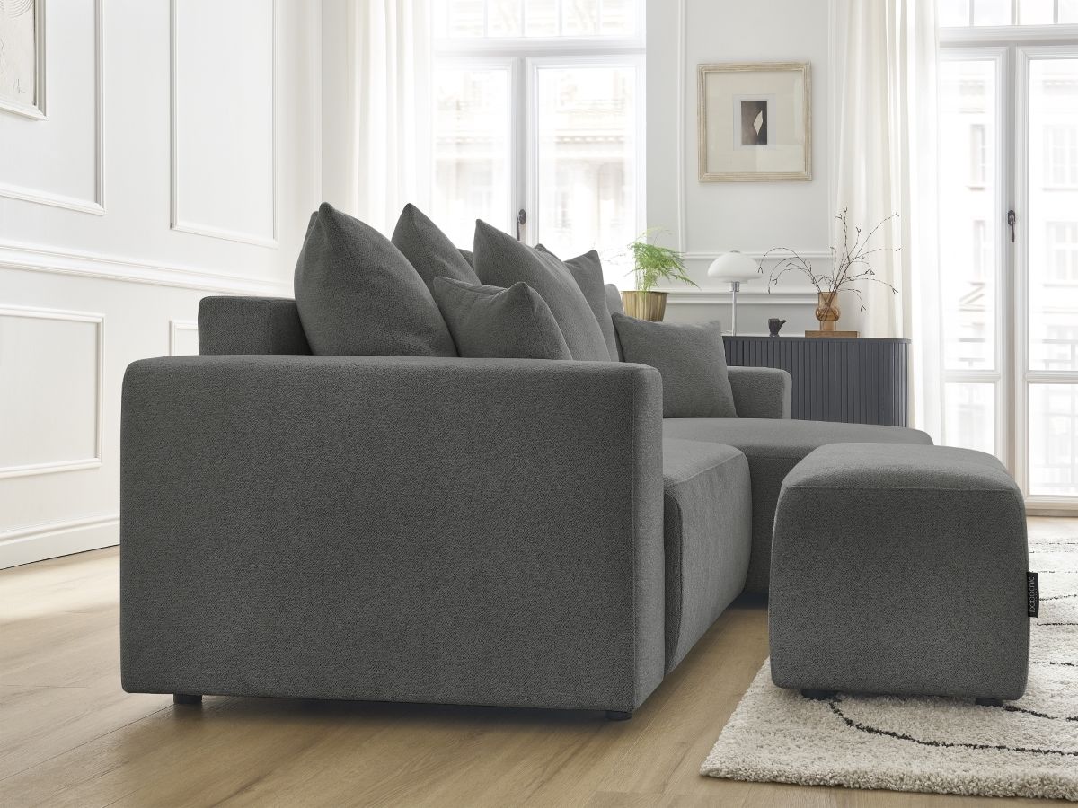 Canapé d'angle convertible coffre ATILLA tissu chiné avec pouf