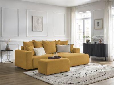 Canapé d'angle convertible coffre ATILLA tissu chiné avec pouf