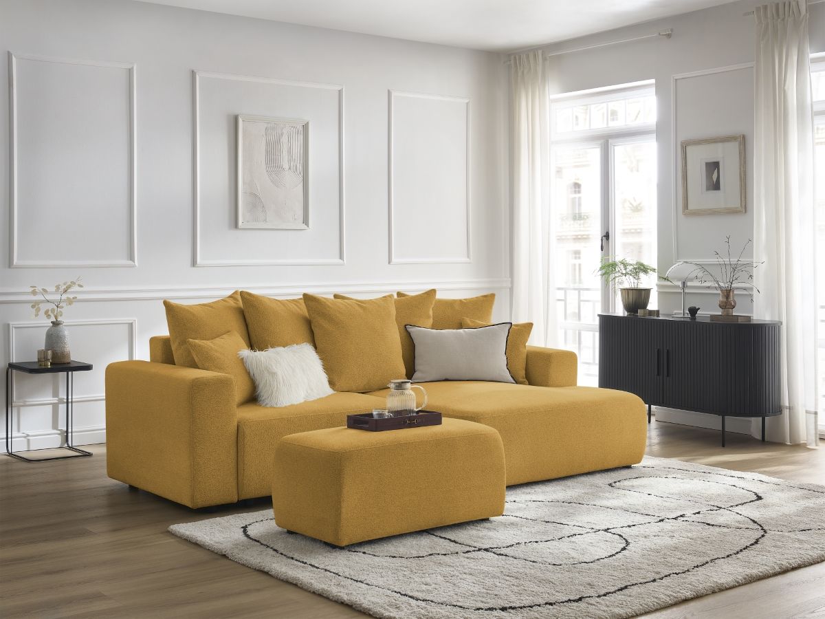 Canapé d'angle convertible coffre ATILLA tissu chiné avec pouf