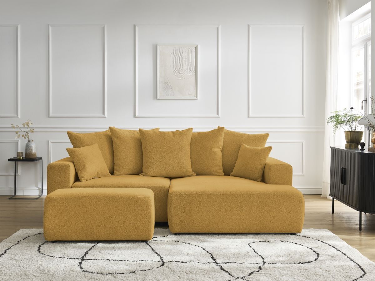 Canapé d'angle convertible coffre ATILLA tissu chiné avec pouf