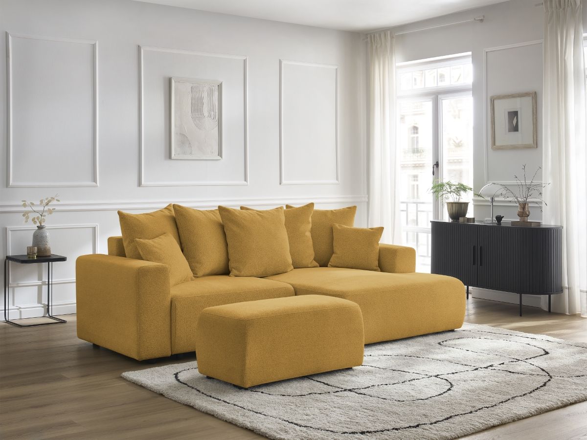 Canapé d'angle convertible coffre ATILLA chiné avec pouf jaune — vue 5