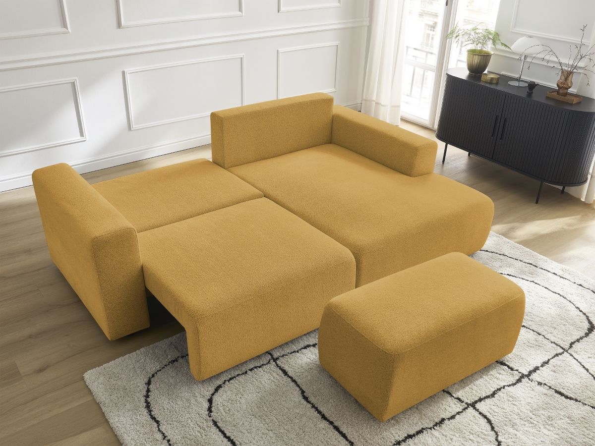 Canapé d'angle convertible coffre ATILLA tissu chiné avec pouf