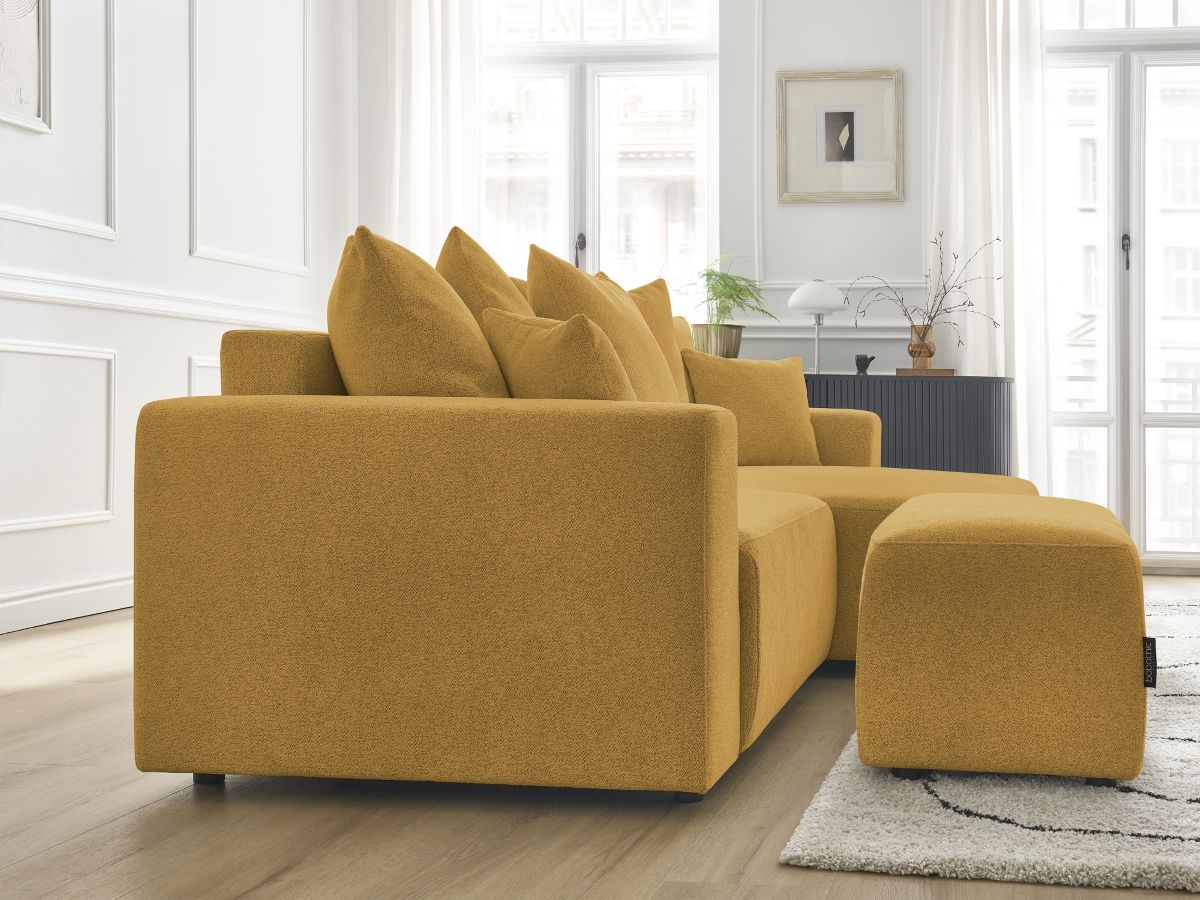 Canapé d'angle convertible coffre ATILLA tissu chiné avec pouf