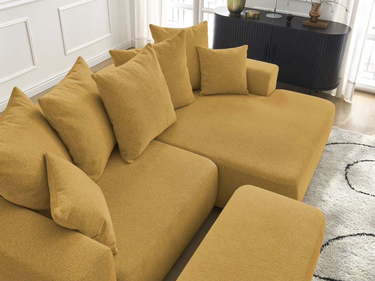 Canapé d'angle convertible coffre ATILLA tissu chiné avec pouf