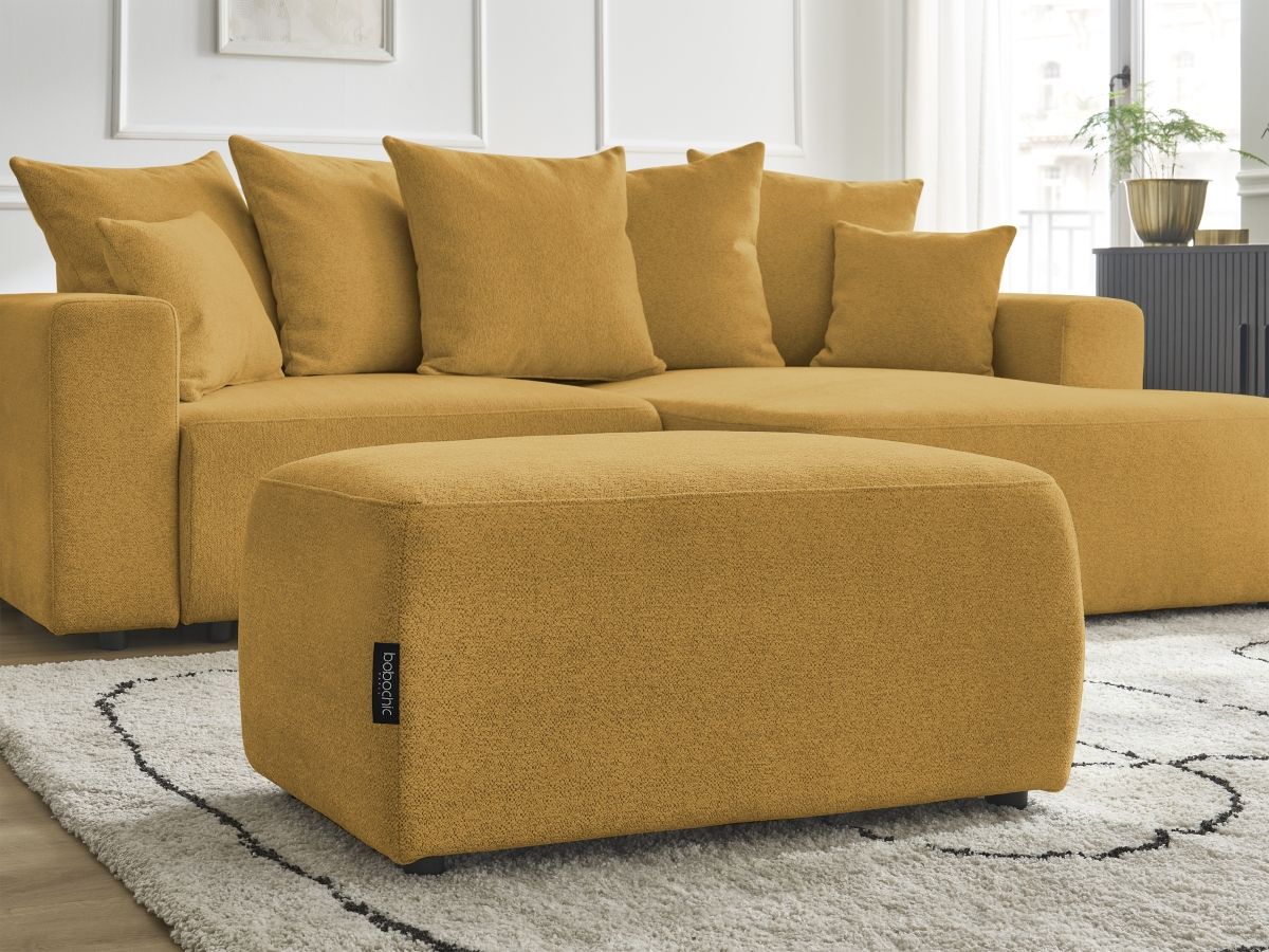 Canapé d'angle convertible coffre ATILLA tissu chiné avec pouf