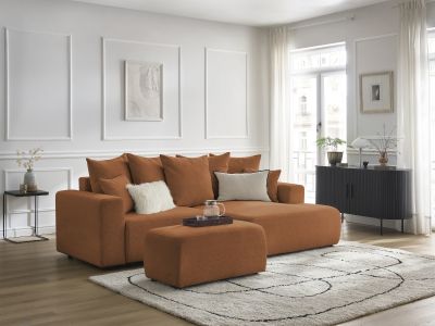 Canapé d'angle convertible coffre ATILLA tissu chiné avec pouf